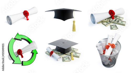 Graduation hat diplom set on a white background 3D illustration
