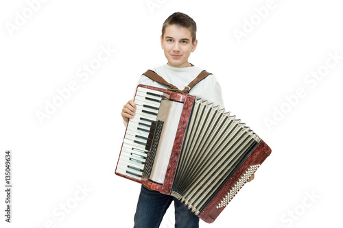 boy with accordion on a white background