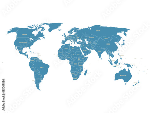 Political vector World Map with state name labels. Blue land with gray text on white background. Hand drawn simplified illustration.