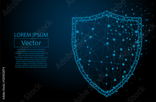 Security Shield composed of polygons. Business concept of data protection. Low poly vector illustration of a starry sky or Comos. The shield consists of lines, dots and shapes