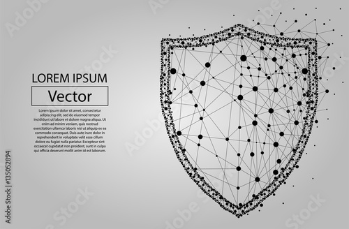 Security Shield composed of polygons. Business concept of data protection. Low poly vector illustration of a starry sky or Comos. The shield consists of lines, dots and shapes