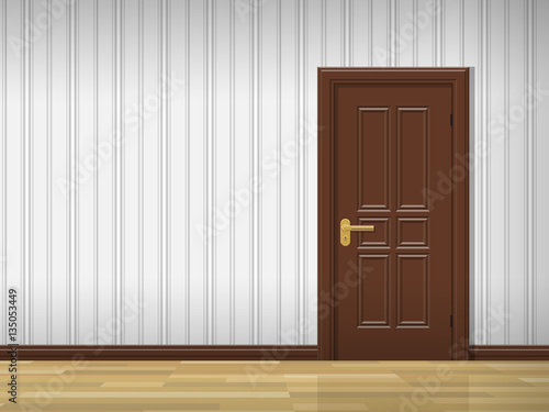 interior with brown wooden door and wallpaper