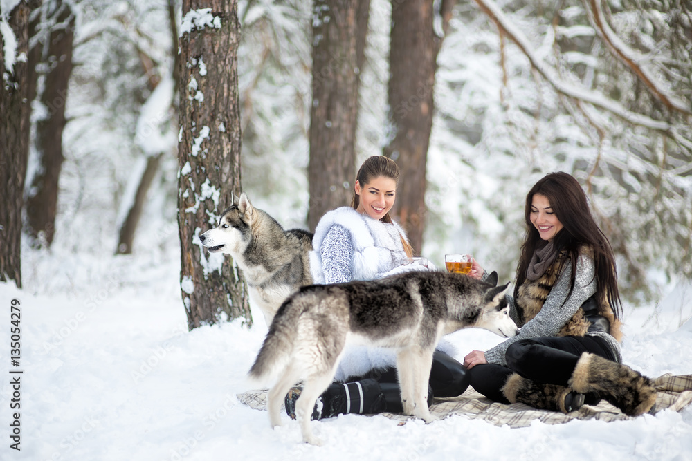 Two beautiful girls with huskies in winter forest. The girls are