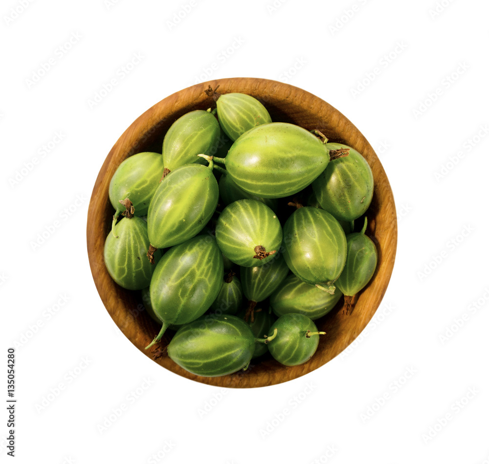 Gooseberry fruit isolated on white background. Gooseberry in ceramic bowl with copy space for text. Top view. Gooseberry fruit isolated on white background. Gooseberry in ceramic bowl with copy space for text. Top view.