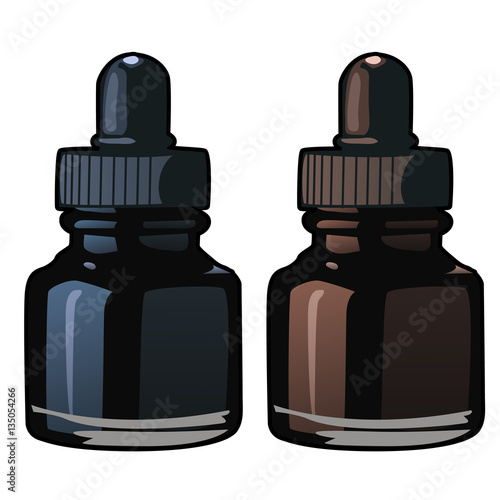 Blue and brown bottles of ink. Vector isolated
