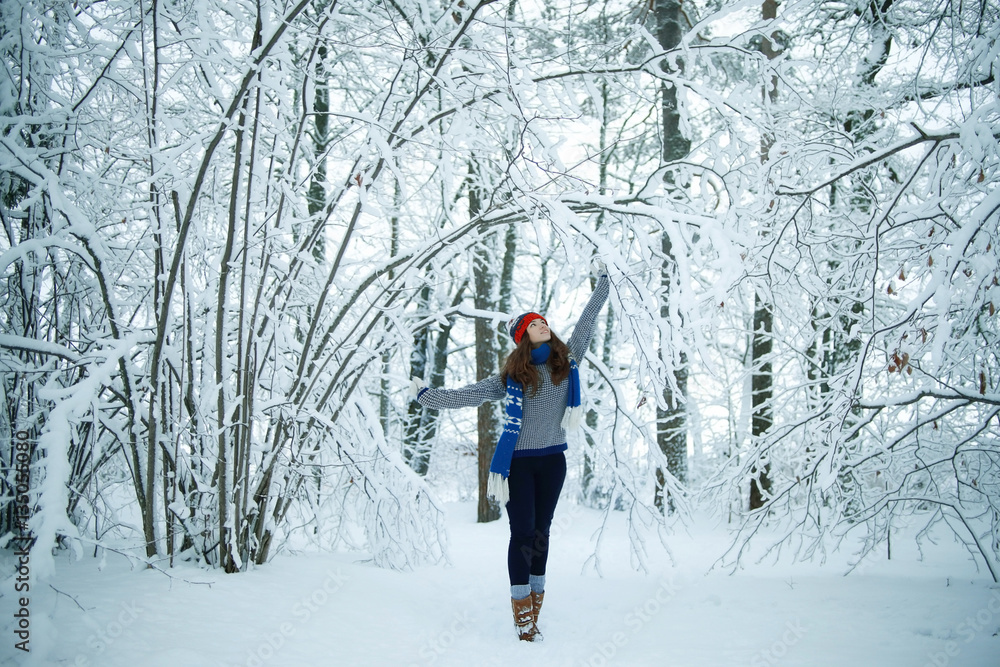winter travel girl in forest