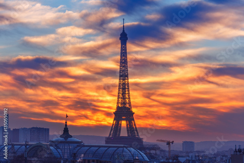 Aerial view of Eiffel tower and the rooftops of Paris during a gorgeous sunset  France