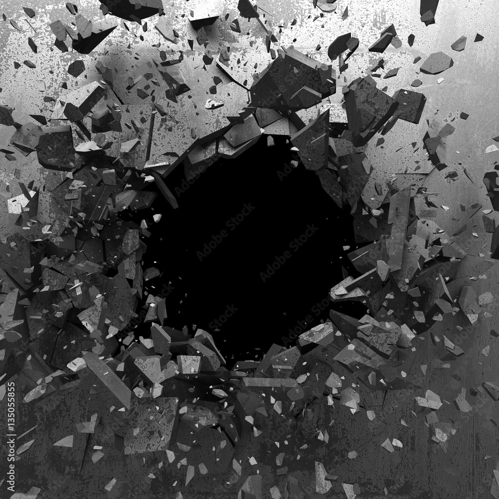 Explosion hole in concrete cracked wall. Industrial background Stock