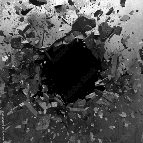 Obraz na plátně Explosion hole in concrete cracked wall. Industrial background