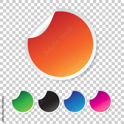 Set of blank stickers. Empty promotional labels. Vector illustration. Green, blue, orange, violet, black round circle tags.