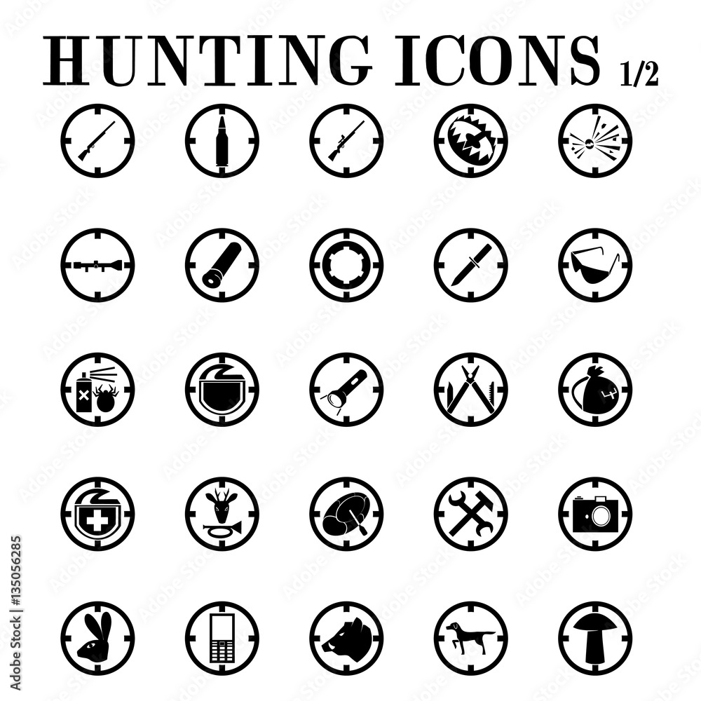 Hunting icons on the theme of hunting, weapons, equipment, vehicles, animals, mushroom picking. Hunting icons on the theme of hunting, weapons, equipment, vehicles, animals, mushroom picking.