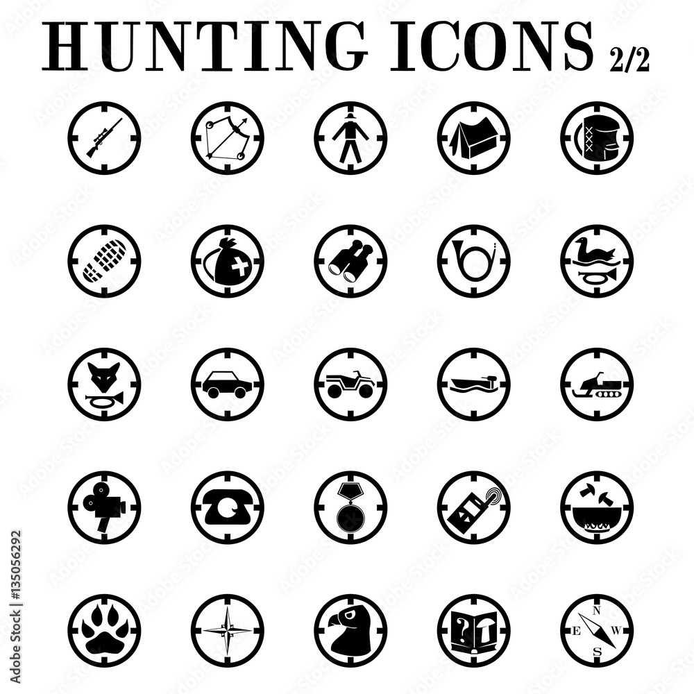 Hunting icons  on the theme of hunting, weapons, equipment, vehicles, animals, mushroom picking.
