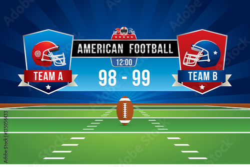 Vector of American football team with scoreboard on green field background.