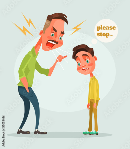 Father character scolds son. Vector flat cartoon illustration