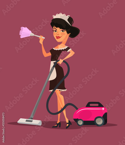 Maid woman character vacuuming. Vector flat cartoon illustration