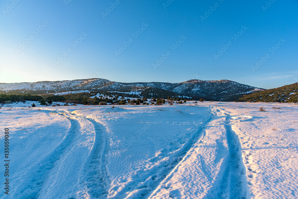 Beautiful winter mountain landscape with branching roads. Russia, Stary Krym.