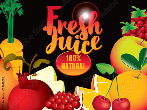 vector banner with different fruits and berries, and fresh juices inscription