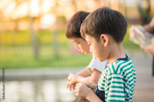 Little boy feeding fish in the park