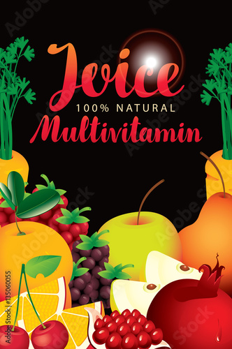 vector label packaging with different fruits and berries and fresh juices multivitamin inscription