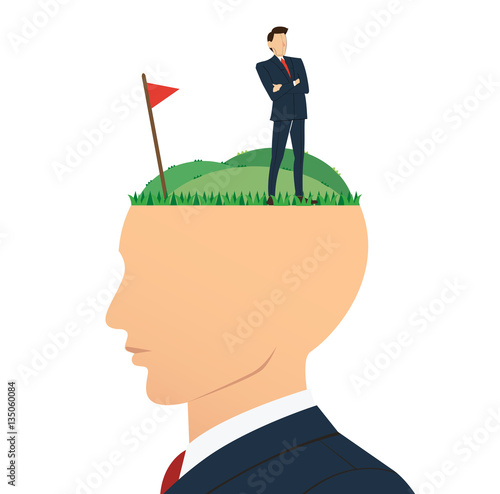 standing businessman reach to successful achievement on the big head. Business concept illustration. 