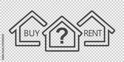 Concept of choice between buying and renting house in line style. Black home icon with the question. Vector illustration in flat style on isolated background.