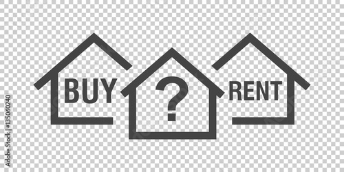 Buy or rent house. Black home symbol with the question. Vector illustration in flat style on isolated background.