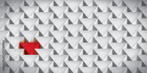 Realistic texture, volume triangles, gray geometric pattern with a red insert, vector design 3d wallpaper