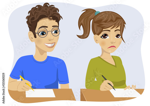 young teenager boy with glasses copying his classmate girl on exam