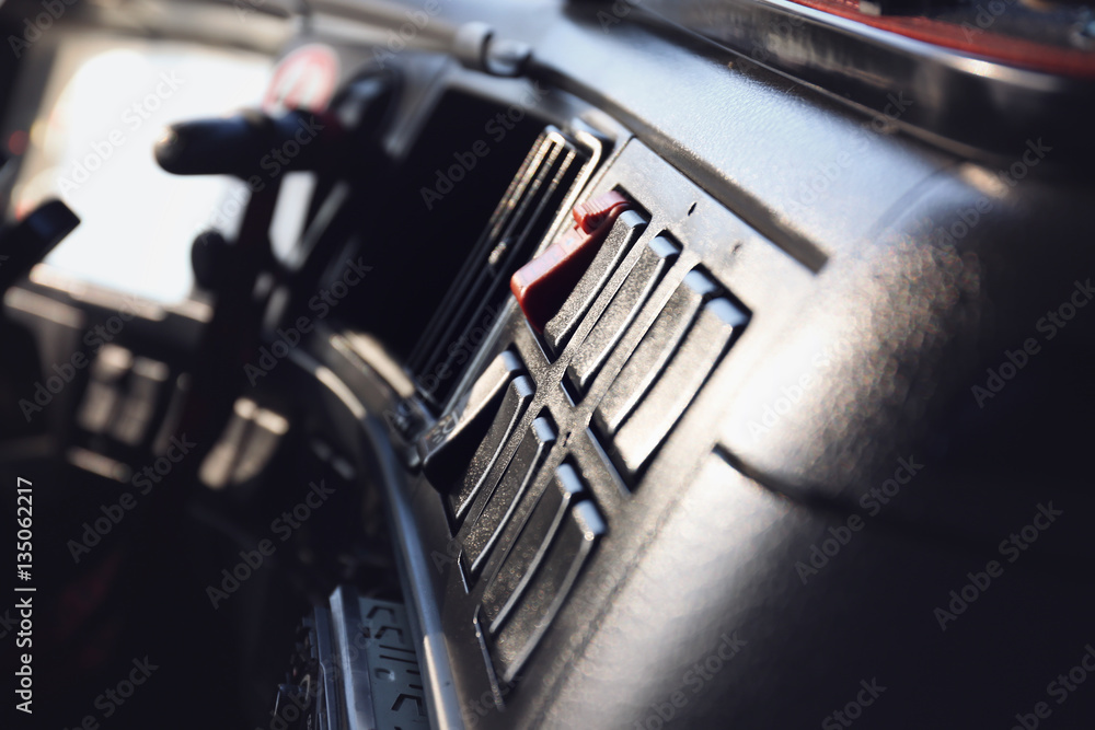 Obraz premium Panel in cabin of big modern truck, closeup