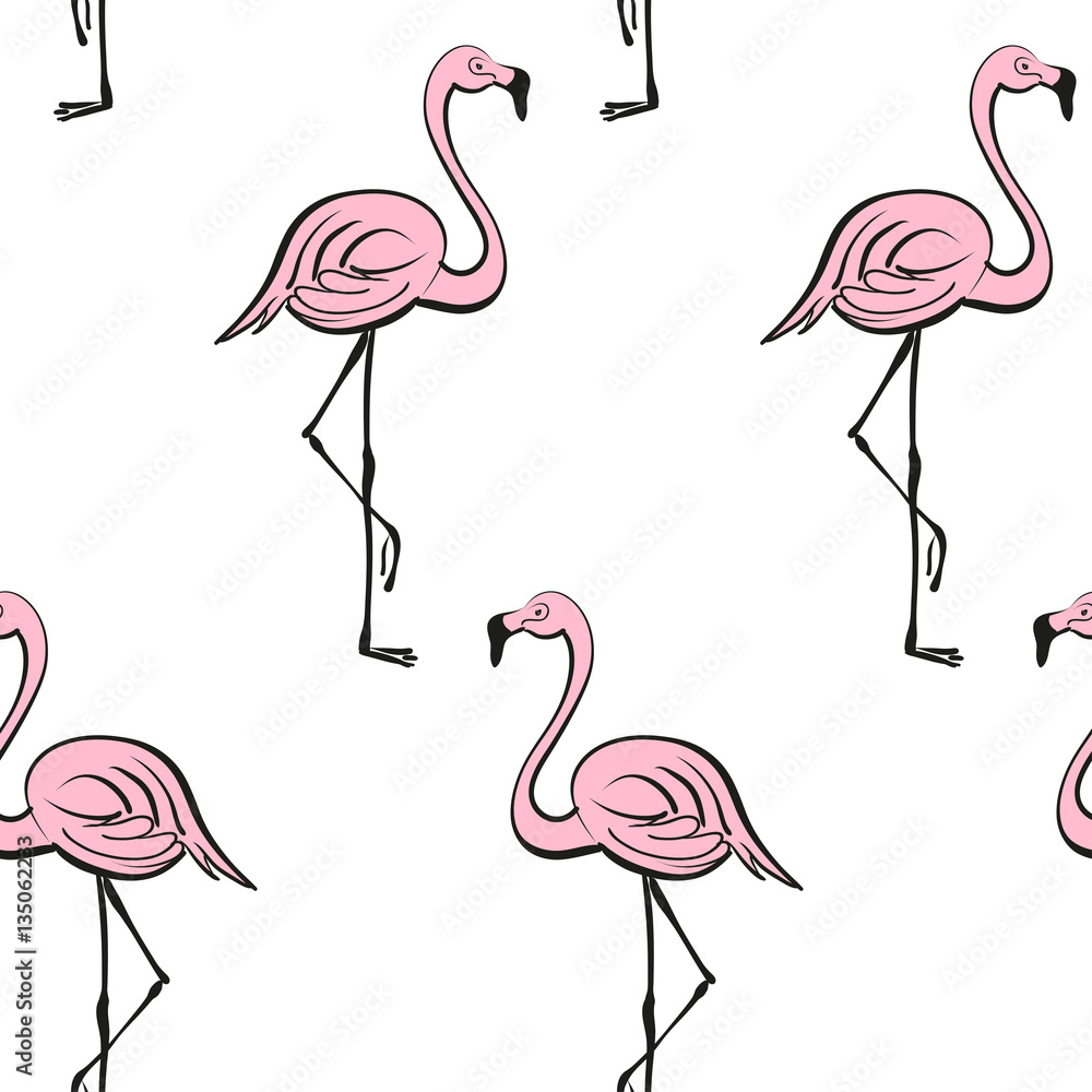 Obraz premium Pink flamingos on a white background. Tropical vector print. Seamless pattern.