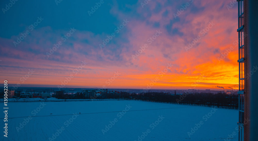 Naklejka premium Sunrise city field with spring wheat