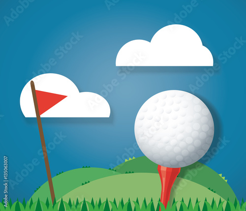Golf ball on ground and red flag background vector 