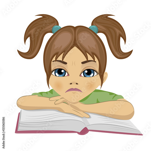 sad cute schoolgirl keeping her arms on open book