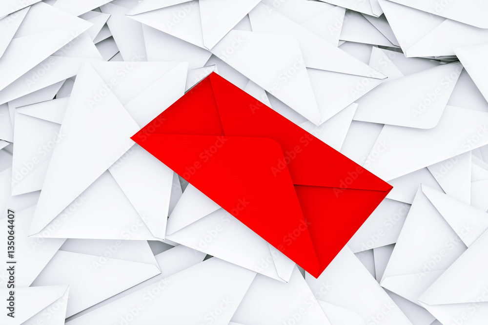 White Blank Envelope Letters Heap with Red One in Centre. 3d Ren White Blank Envelope Letters Heap with Red One in Centre. 3d Ren