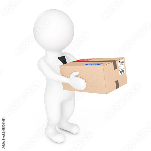 3d Small People Delivering a Cardboard Box. 3d Rendering