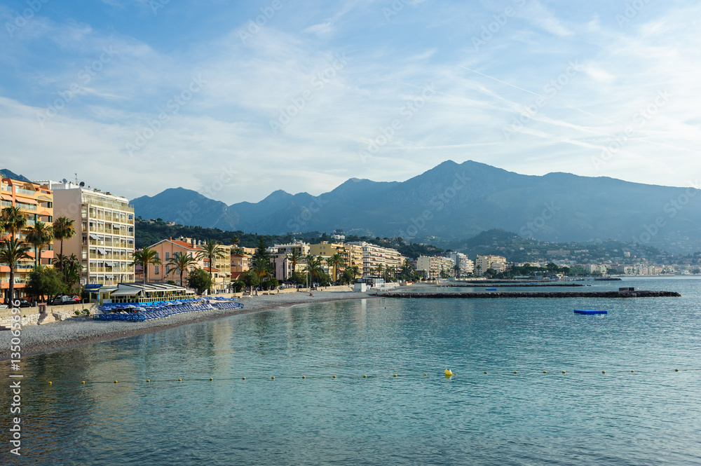 Panorama view of the coast of the Ligurian Sea. Menton, French Riviera, France.