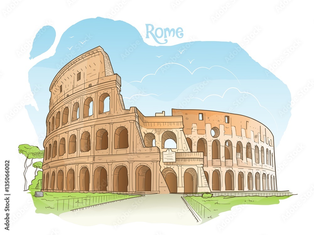Handdrawn colored illustration of the Colosseum, Rome, Italy