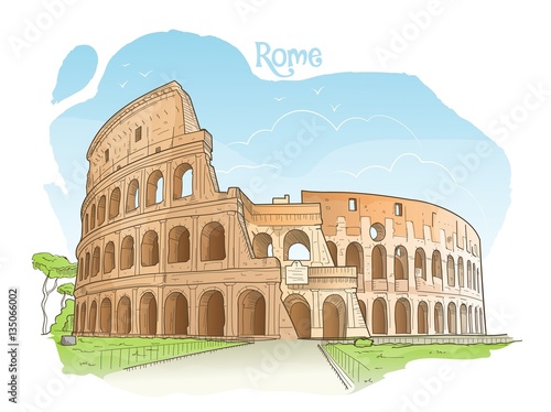 Handdrawn colored illustration of the Colosseum, Rome, Italy