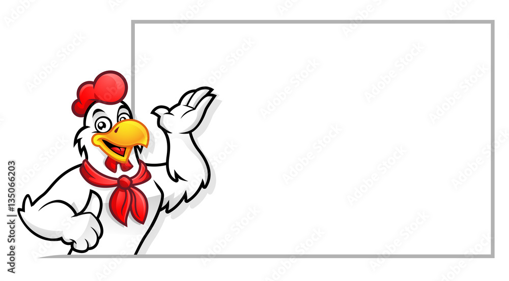 Rooster with blank sign, chicken mascot, chicken character. Vector of chicken character. 