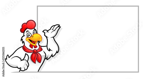 Rooster with blank sign, chicken mascot, chicken character. Vector of chicken character. 