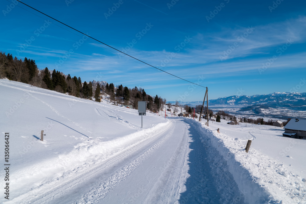 Swiss Winter - Road covered in snow