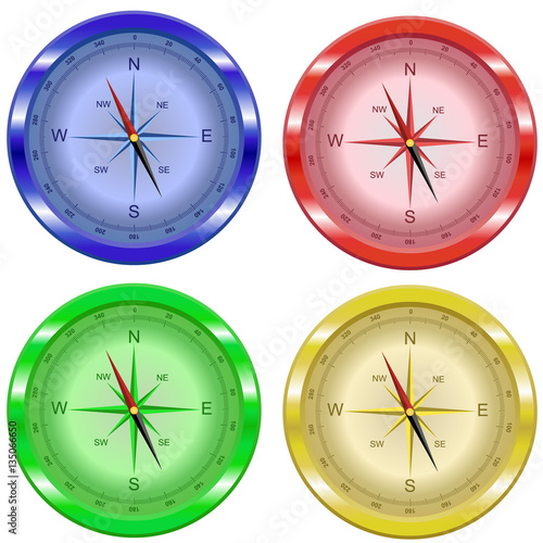 Compass four colors set blue red green yellow travel adventure