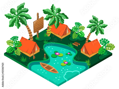 Holiday camp in a tropical forest. 3D isometric view. Vector illustration.