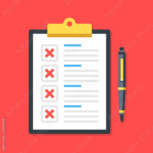 Clipboard with red crosses checkmarks and pen. Checklist, unfinished tasks, to-do list, survey concepts. Premium quality. Modern flat design graphic elements. Vector illustration