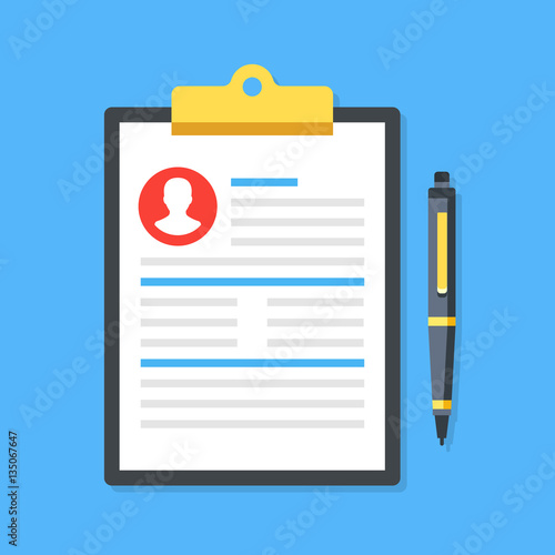 Clipboard with man silhouette icon and pen. Curriculum vitae, job application form with profile photo concepts. Premium quality. Top view. Modern flat design graphic elements. Vector illustration