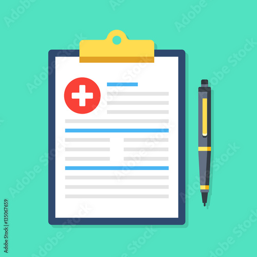 Clipboard with medical cross and pen. Clinical record, prescription, claim, medical report, health insurance concepts. Premium quality. Modern flat design graphic elements. Vector illustration