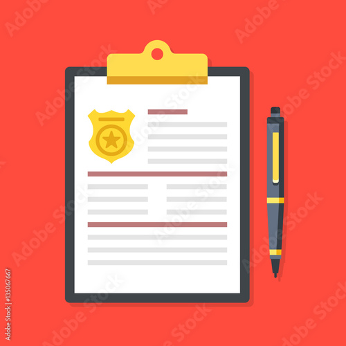Clipboard with police badge and pen. Police report, fine, penalty notice, order concepts. Premium quality. Top view. Modern flat design graphic elements. Vector illustration