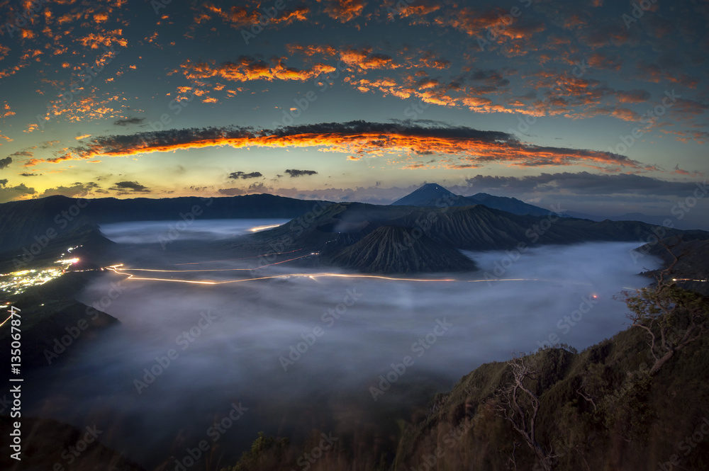 Mount Bromo volcano during sunrise, Tengger Semeru National Park, East Java, Indonesia.