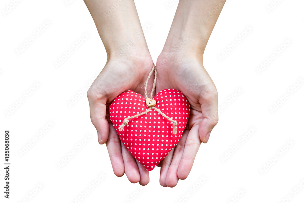 Close up hand woman holding heart on isolate white with clipping Close up hand woman holding heart on isolate white with clipping