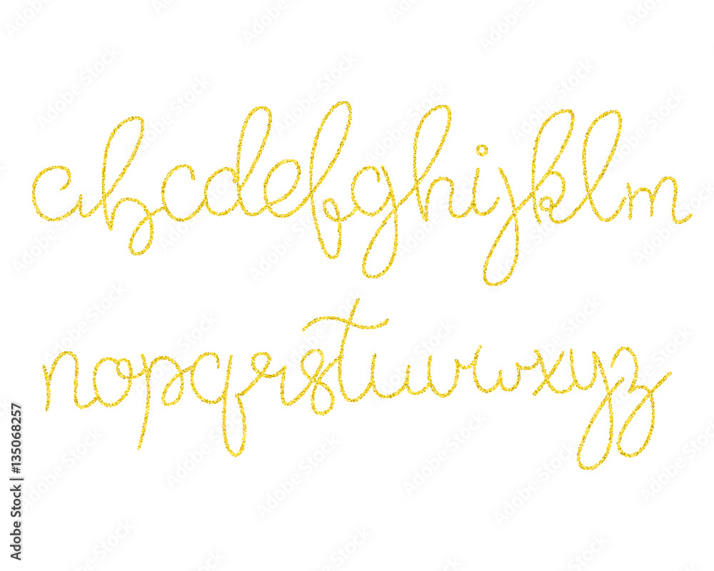 Gold glitter script alphabet. Shiny brush calligraphy typeface
